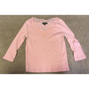 Lauren Ralph Lauren Pink Lace Trim Knit V-Neck 3/4 Sleeve Top Large